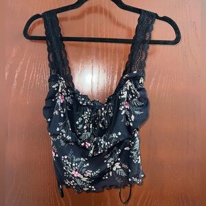 NWT Y2K Black Floral Lace Strap Crop Top